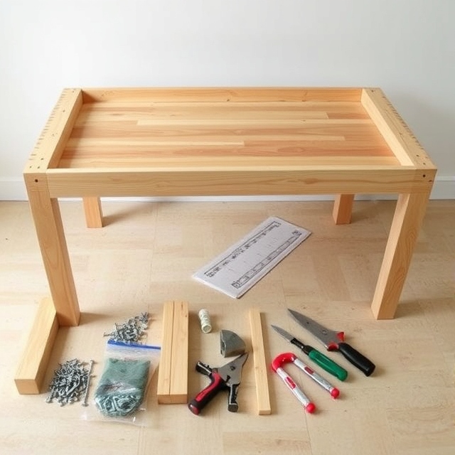 A partially assembled wooden table with tools and brackets.