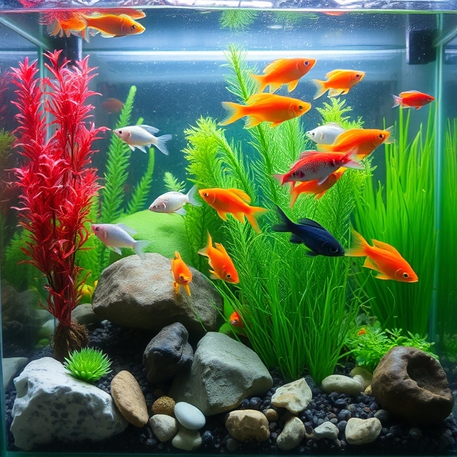 A glass aquarium with colorful fish and underwater plants.