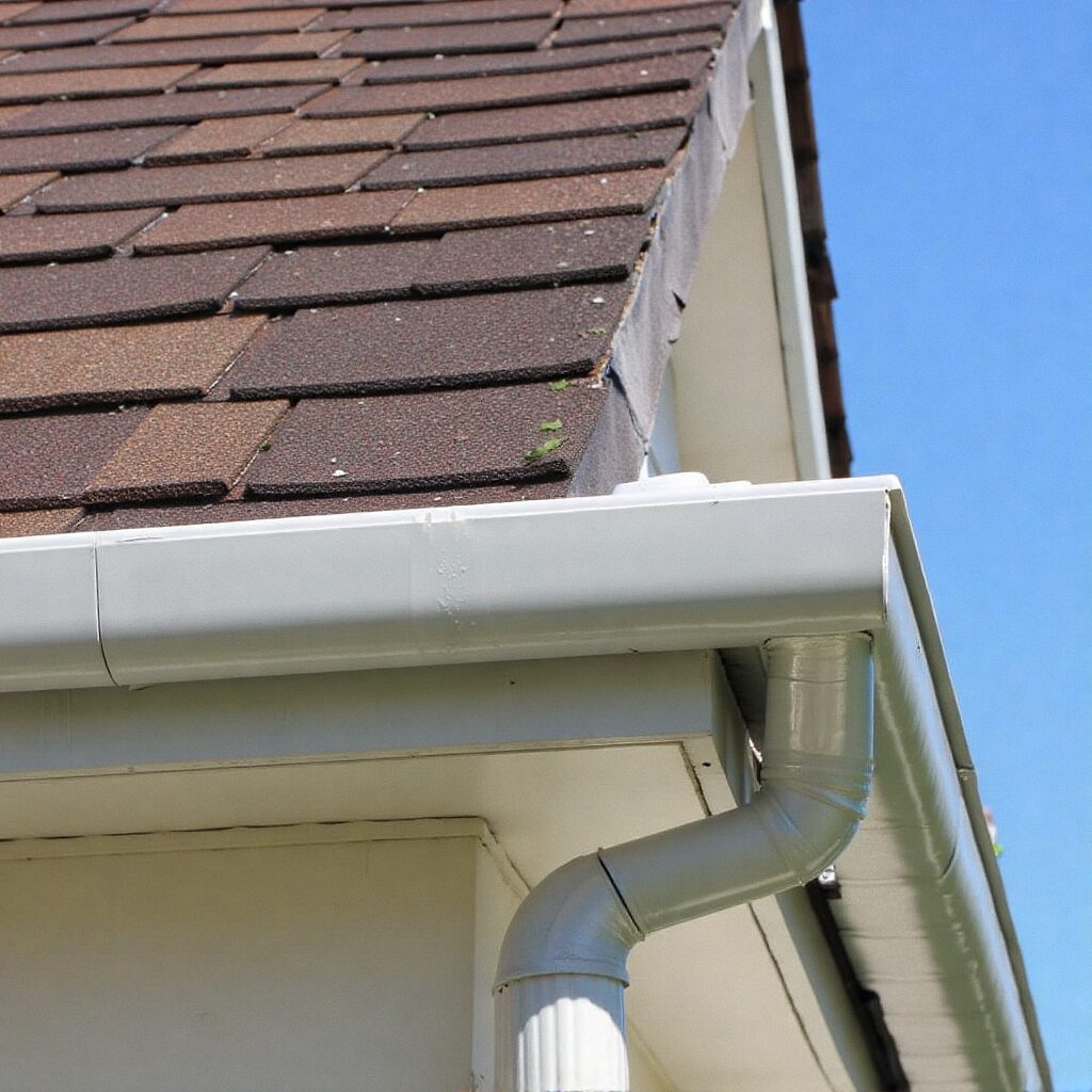 A clean rooftop gutter with a bright sky in the background.