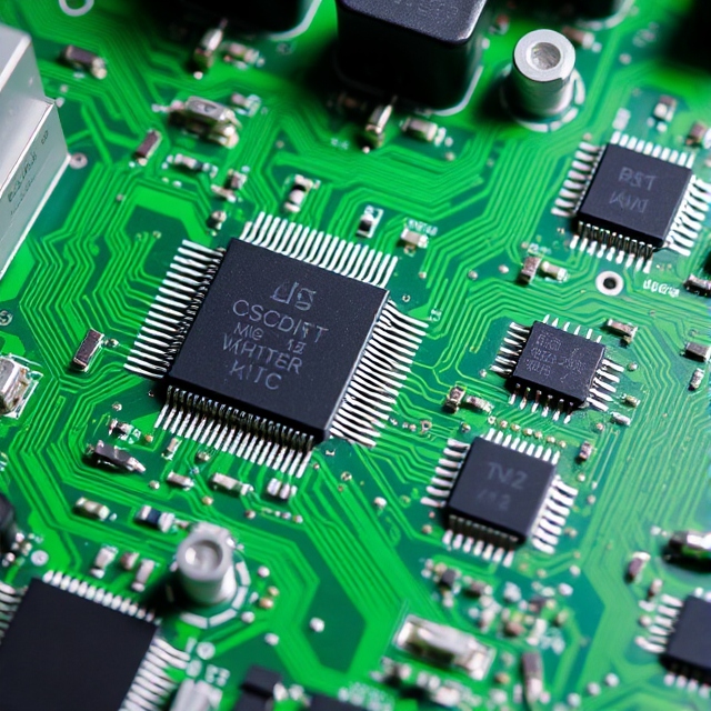 A green circuit board with microchips and connectors.