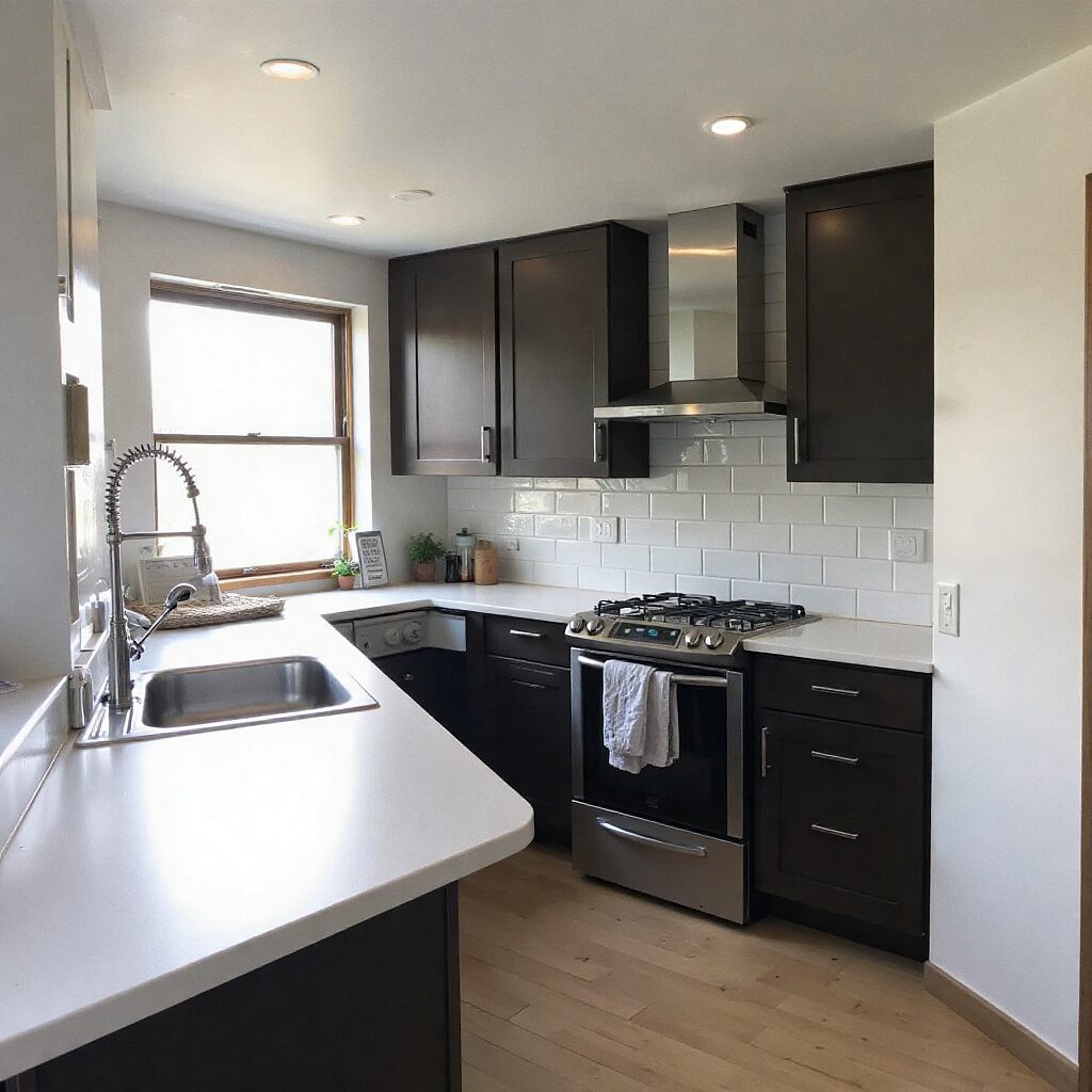 A modern kitchen with a white countertop and stainless steel sink.